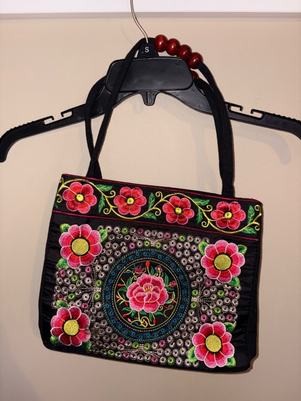 Embroidered Floral Tote Bag - Black with Pink Flowers
